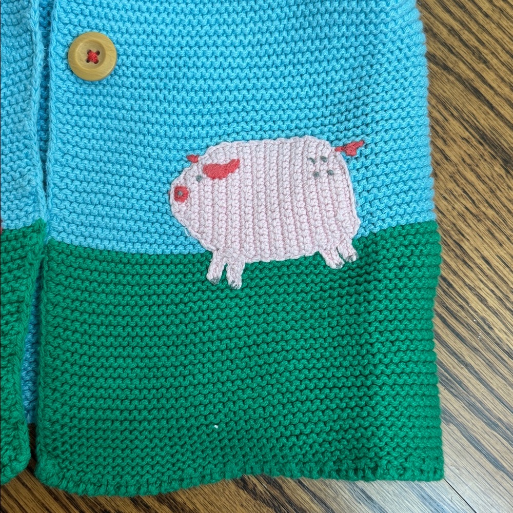Baby Boden Blue Knit Hooded Cardigan jacket with spring animal farm embroidery - Picture 5 of 8